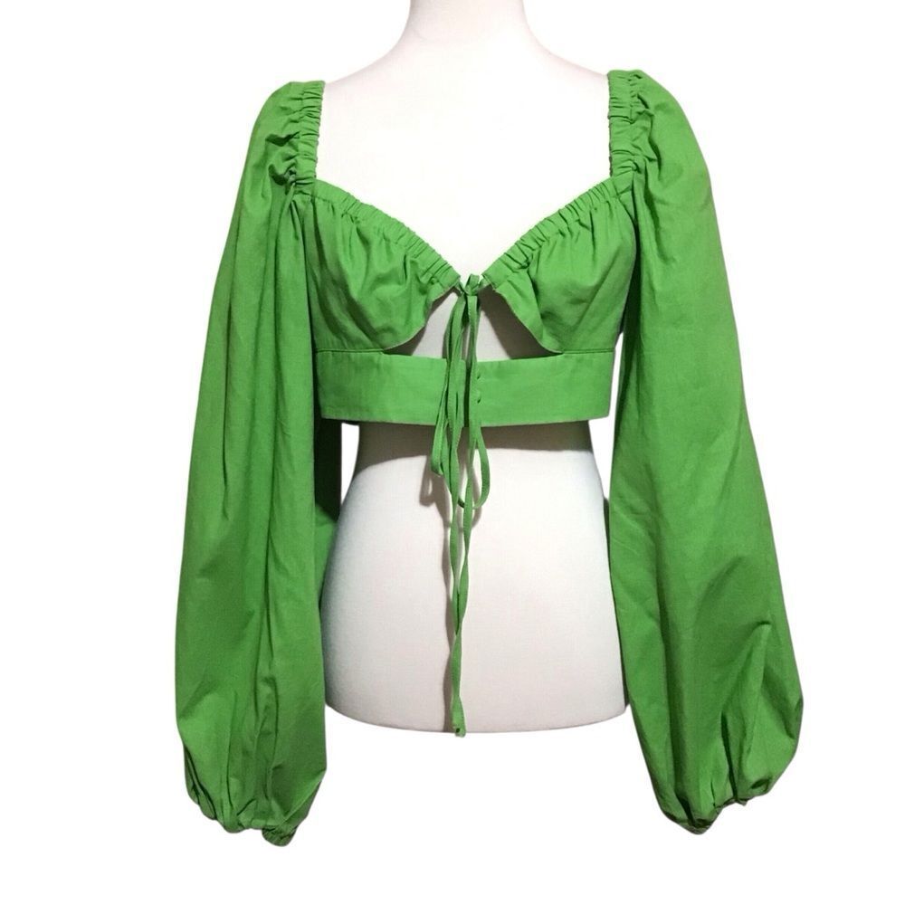 SHEIN X HANNAH G Tie Front Lantern Sleeve Crop Milkmaid Top L